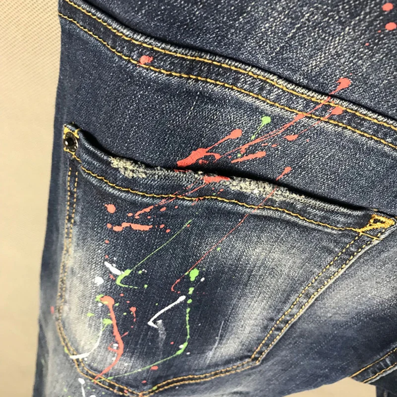 Streetwear Fashion Men Jeans High Quality Stretch Slim Fit Ripped Printed Jeans Men Painted Designer Hip Hop Brand Pants Hombre