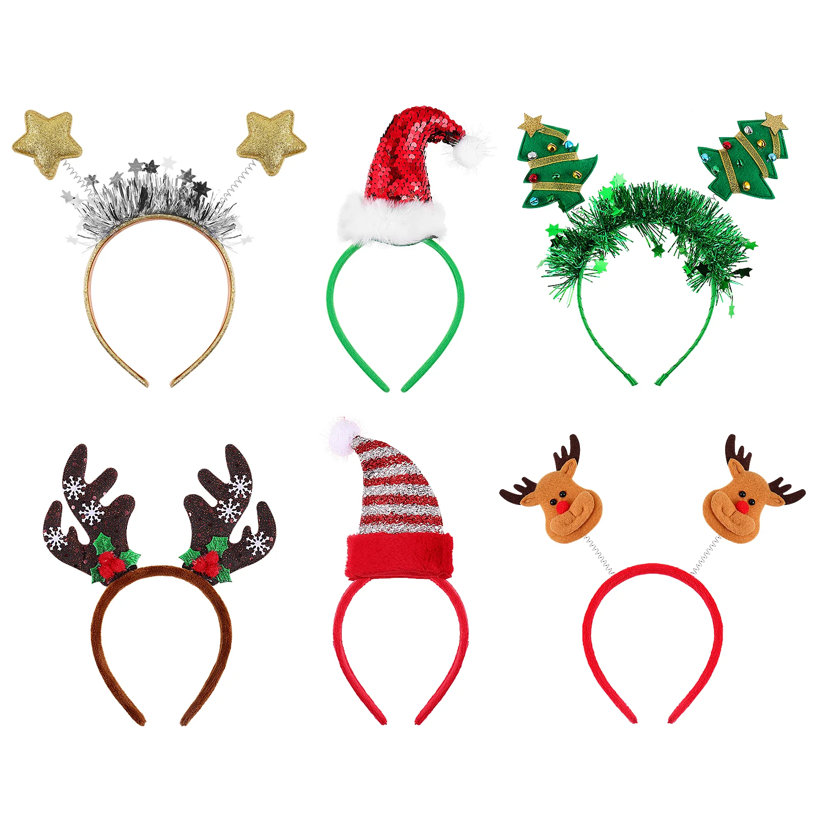 

6pcs Christmas Headbands Santa Hat Xmas Tree Reindeer Antlers Star Decor Party Headwear for New Year Party Photography