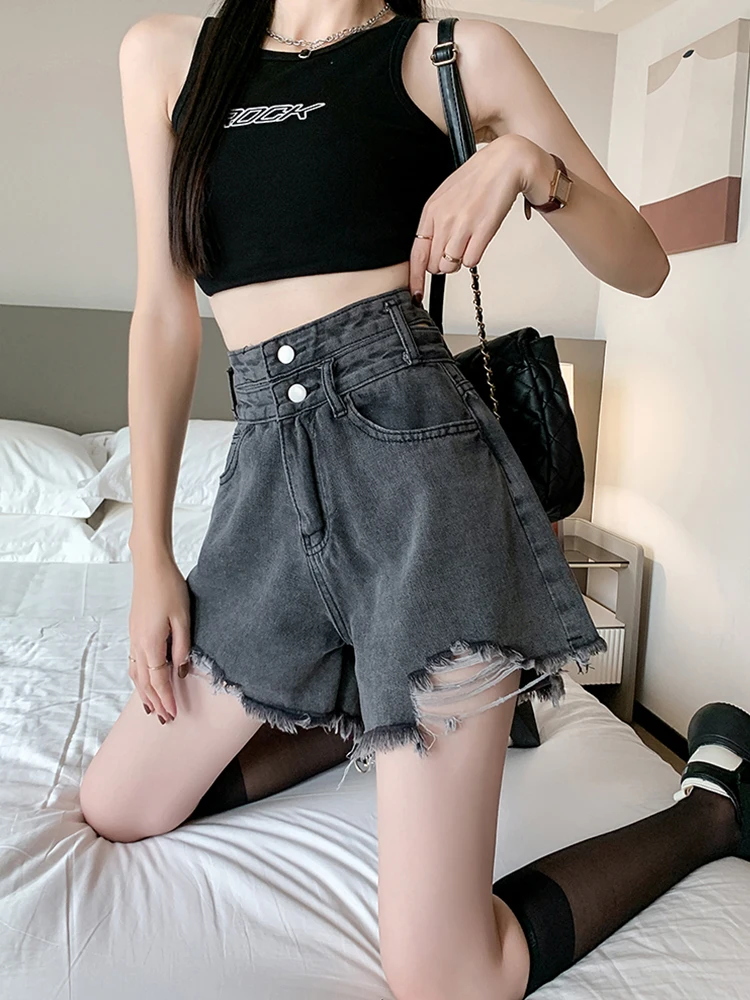 Spring Summer Women Vintage Frayed Hole Denim Shorts Streetwear Female High Waist Button Wide Leg Jeans Skirts Bottoms
