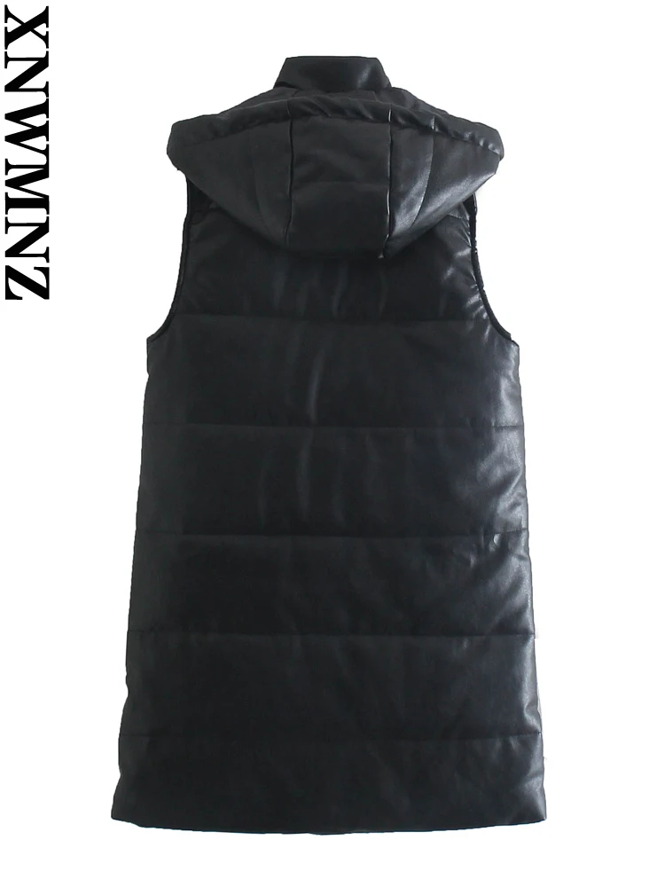 XNWMNZ 2022 Women Fashion Hooded Faux Leather Long Waistcoat Vest Women  Sleeveless PU Jacket Chic Female Winter Warm Clothes