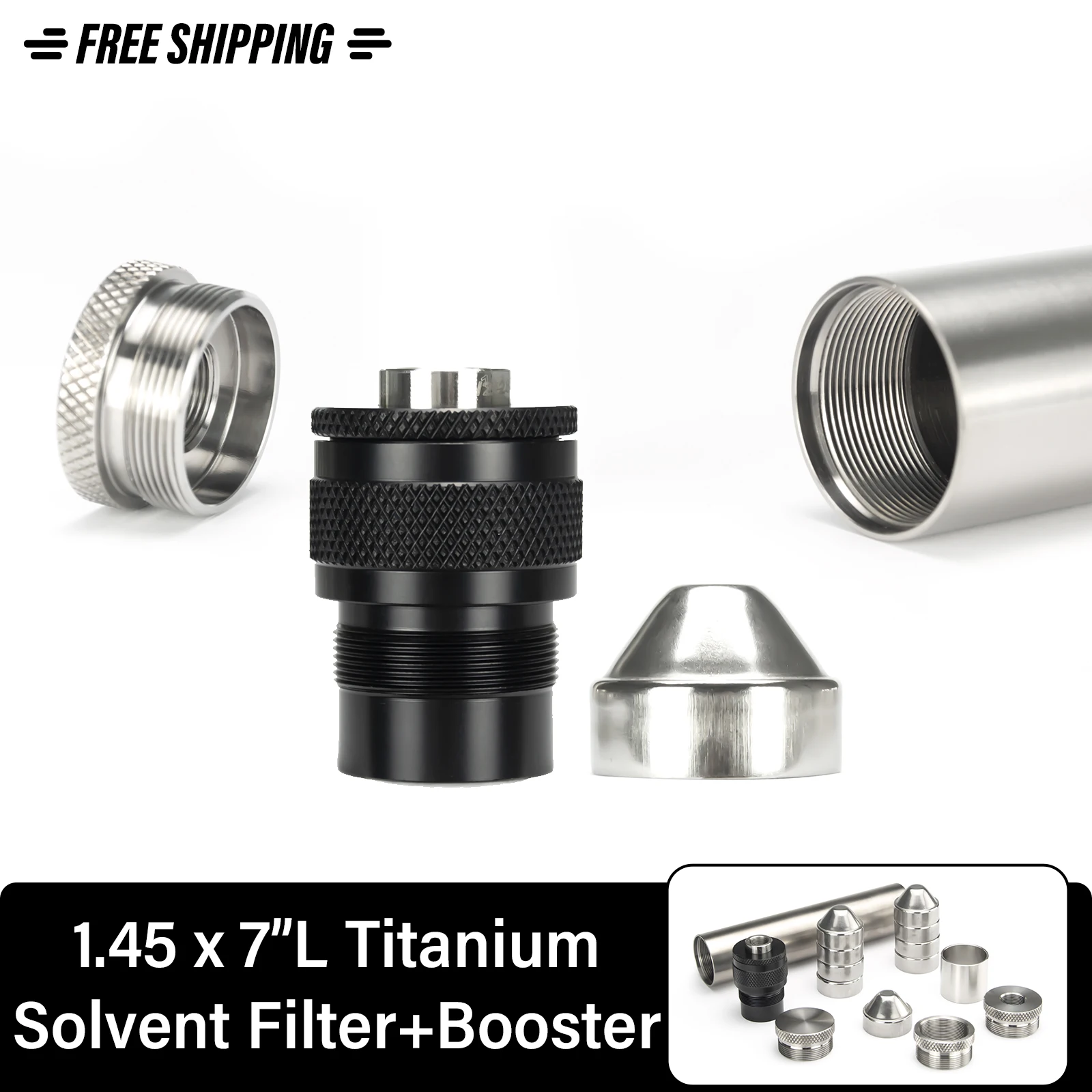 

1.45"OD 7"L 5/8x24 Titanium Solvent Filter 9x SS Cups + M34x1.25 to 1-3/16x24 Adapter + 1/2x28,.578x28,13.5x1LH,9/16x24 Booster