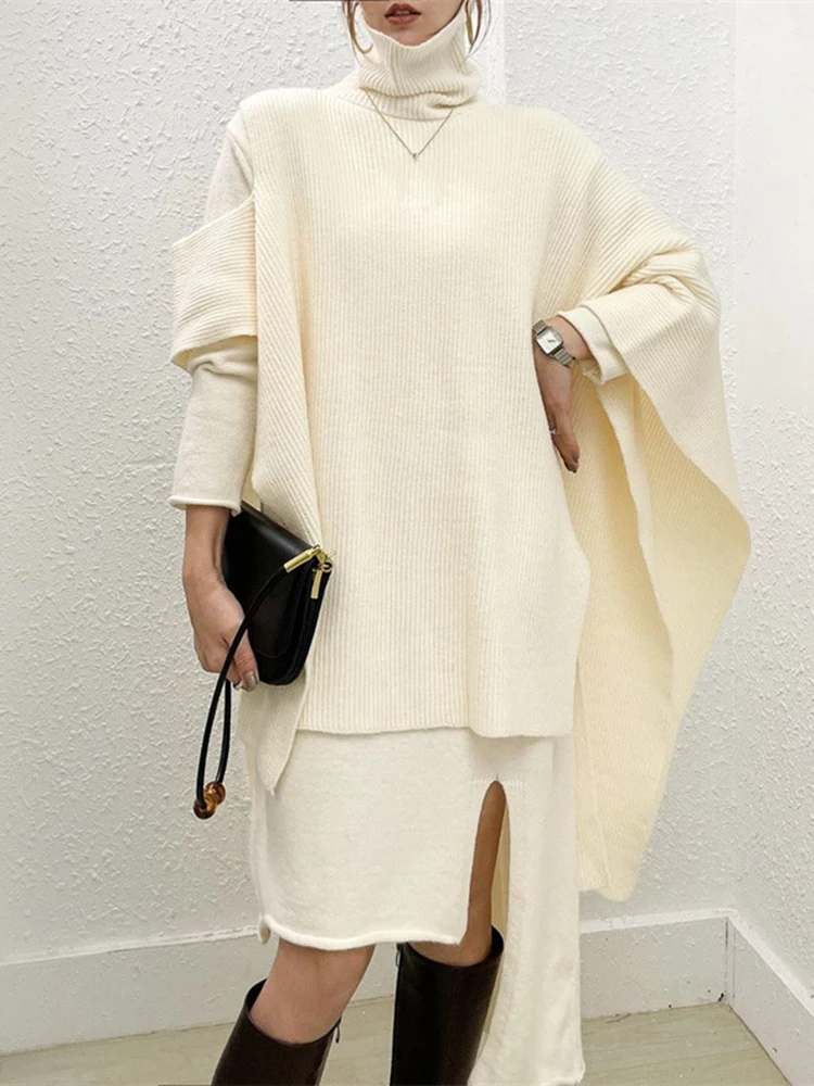 DEAT Элегантный вязаный комплект из 2 предметов водолазка свободный плащ