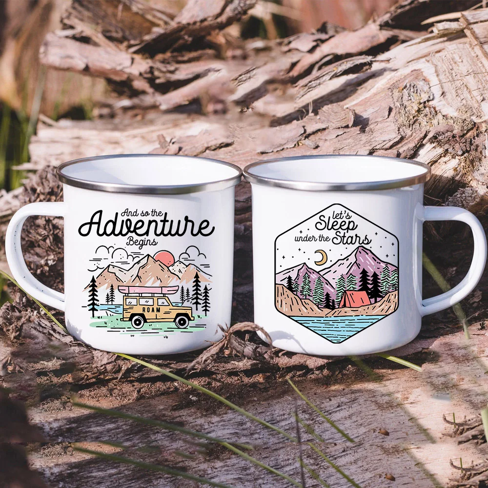 And So The Adventure Begind Printed Mug Camping Enamel Cup Campfire Party Beer Coffee Mugs Mountain Handle Cups Gifts for Camper