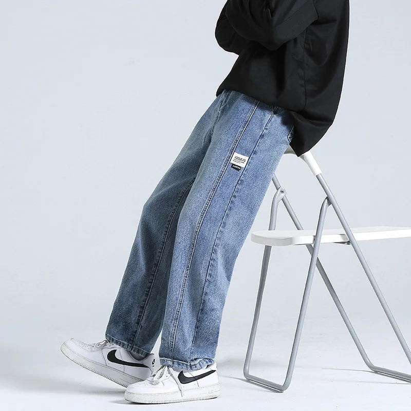 Men's New Loose Black/blue Straight Pants Solid Color Casual Pants Baggy Homme Cargo Pocket Jeans Biker Denim Trousers