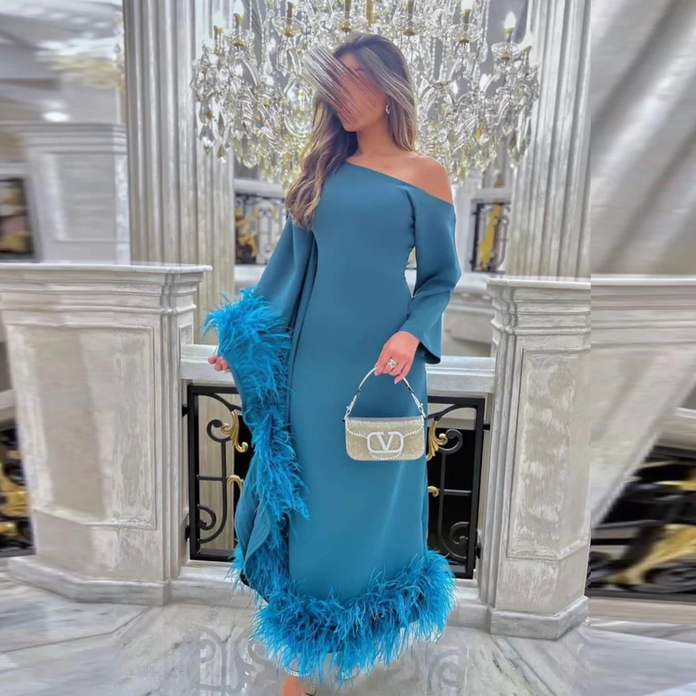 

POMUSE A-Line Prom Dresses Saudi Arabic Satin One Shoulder Feathers Formal Party Gowns Dubai Women Wear Outfits Evening Dress