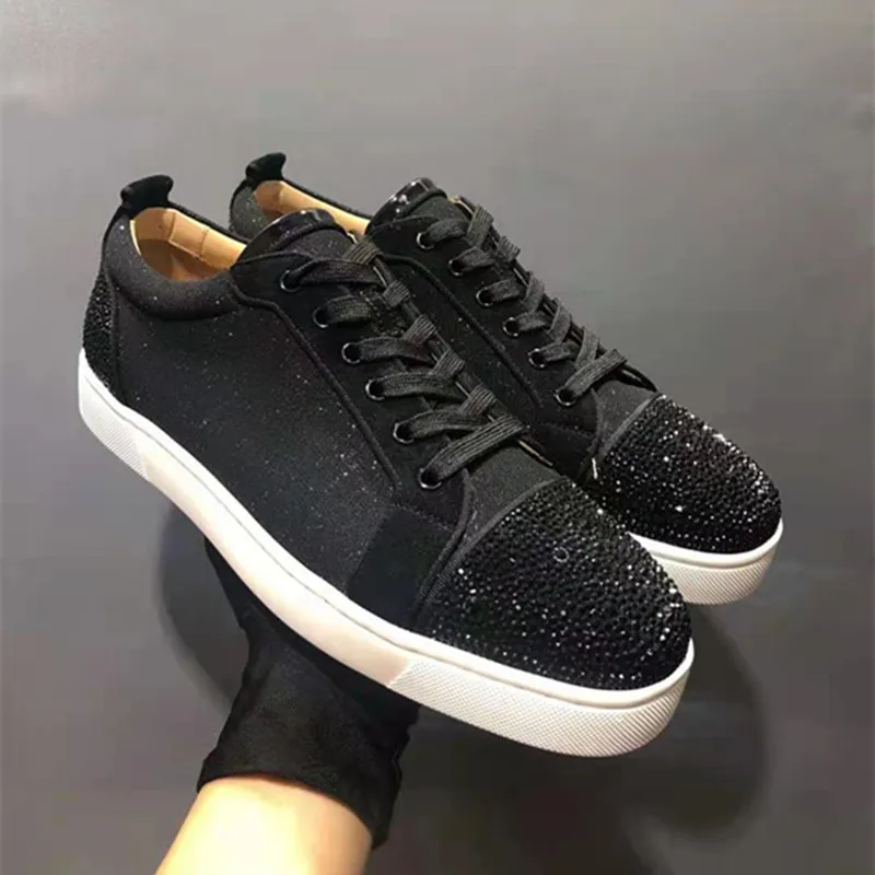 

Роскошные кожаные дизайнерские низкие мужские туфли блестящие туфли со стразами женские повседневные кроссовки трендовые парные красные туфли на подошве