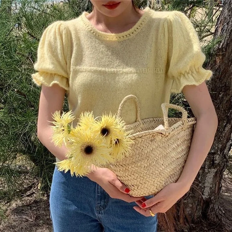 Элегантные французские пуловеры футболка с пузырьковыми рукавами Женский