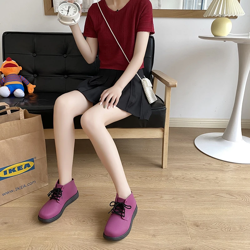 Women's Rain Boots Short Tube Korean Lace Up Flat Rain Shoes Cute Adult Women's Rainshoes Waterproof Non-Slip Rubber WadingShoes
