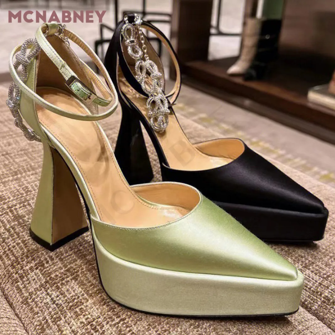 Bowknot Rhinestone Platform Pumps New Pointed High-Heeled Thick-Heeled Buckle Sandals Fashion Temperament High-Heeled Sandals