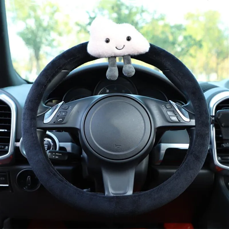 

Ins Cloud Car Steering Wheel Cover Cute Winter Short Plush Warm Four Seasons Universal Handlebar Cover Car Interior Accessories
