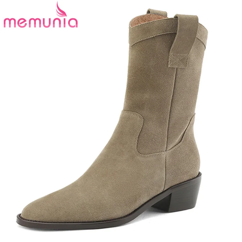 

MEMUNIA 2023 New Size 34-42 Ladies Slip On Winter Autumn Ankle Boots Cow Suede Western Women Boots Thick Med Heels Shoes