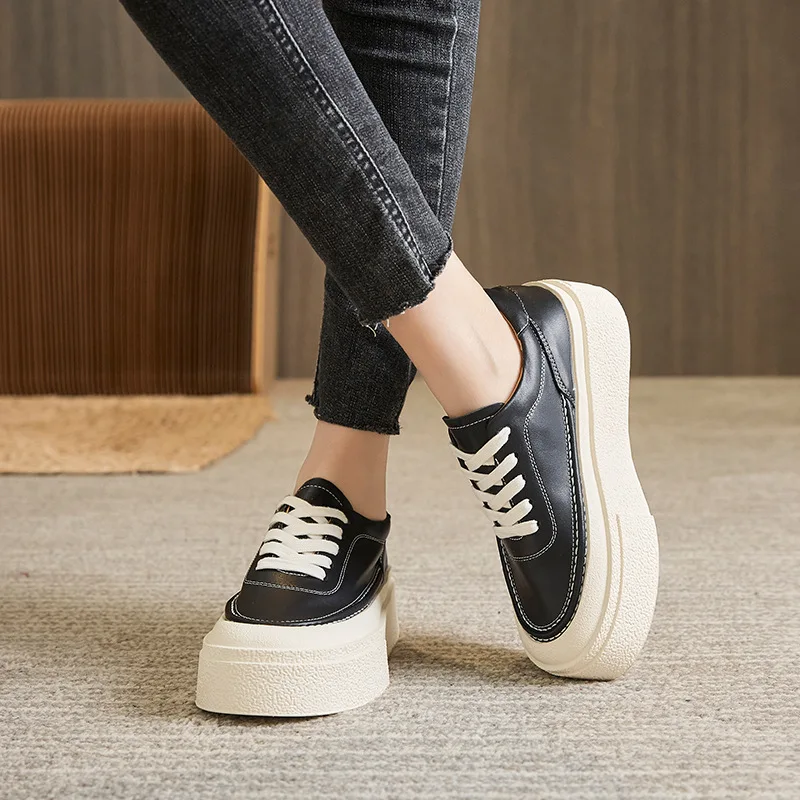 Women's Genuine Leather 2023 Spring Sneakers New Casual Lace-up Women's Sneakers Shoes Platform Board Shoes Women