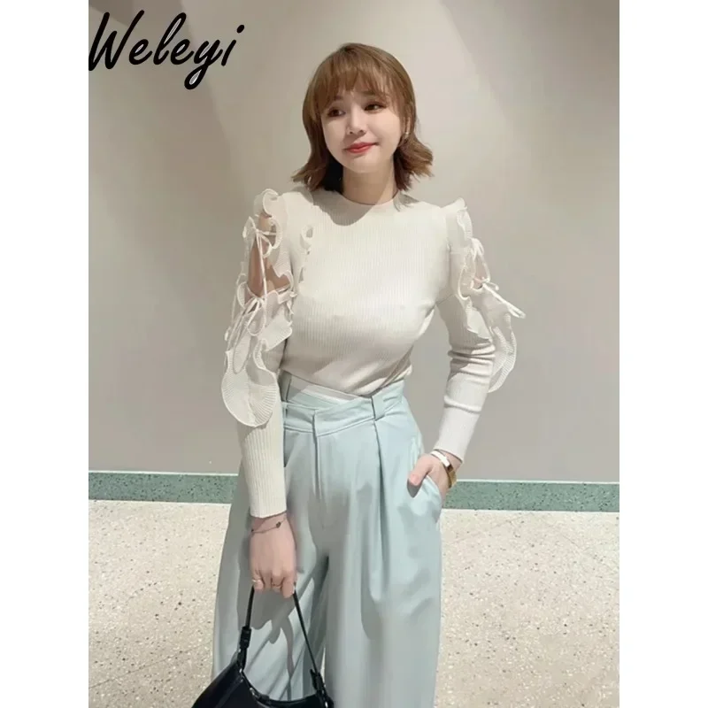 Женский трикотажный топ в японском стиле полоску с круглым вырезом и длинным