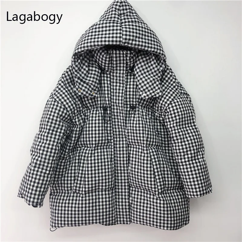 2022 New Winter Coat Women Hooded Black White Plaid Puffer Jacket 90% White Duck Down Parkas Thick Warm Loose Outwear
