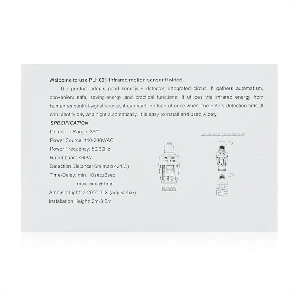 

Цоколь E27 с датчиком движения, приглушаемый инфракрасный датчик, адаптер лампы, держатель для гаража, крыльца, лестницы