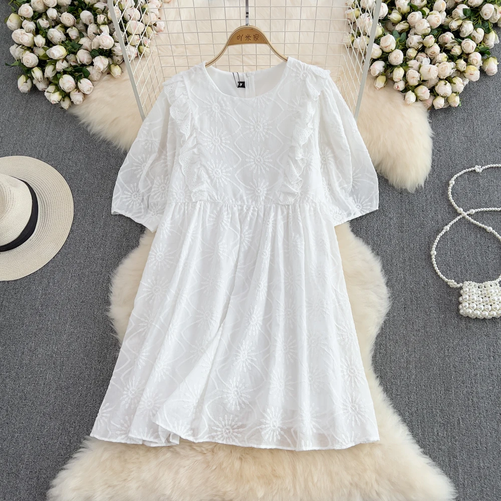 

VANOVICH 2022 Summer New French Style Puff Sleeves O-neck Flounced Edge White Dress Slim Temperament Sweet Lace A-LINE Dress