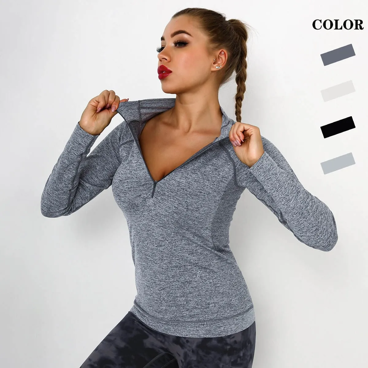 

Zipper Sports Plastic Tops Yoga Clothes Quick Dry Breathable Tops Training Running Workout Long Sleeve Tops Women Sexy Slim Tops