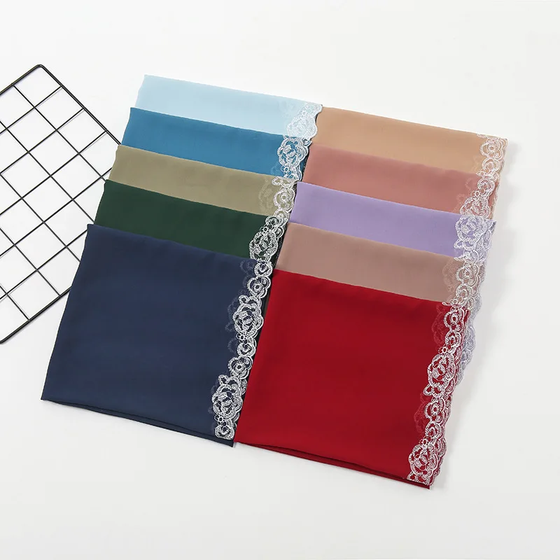 Lace Hijabe Bubble Chiffon Scarf Women Long Size Pashmina Lady Shawl Female Wraps Bandana Foulard Hijabs Solid Soft Beach Stoles