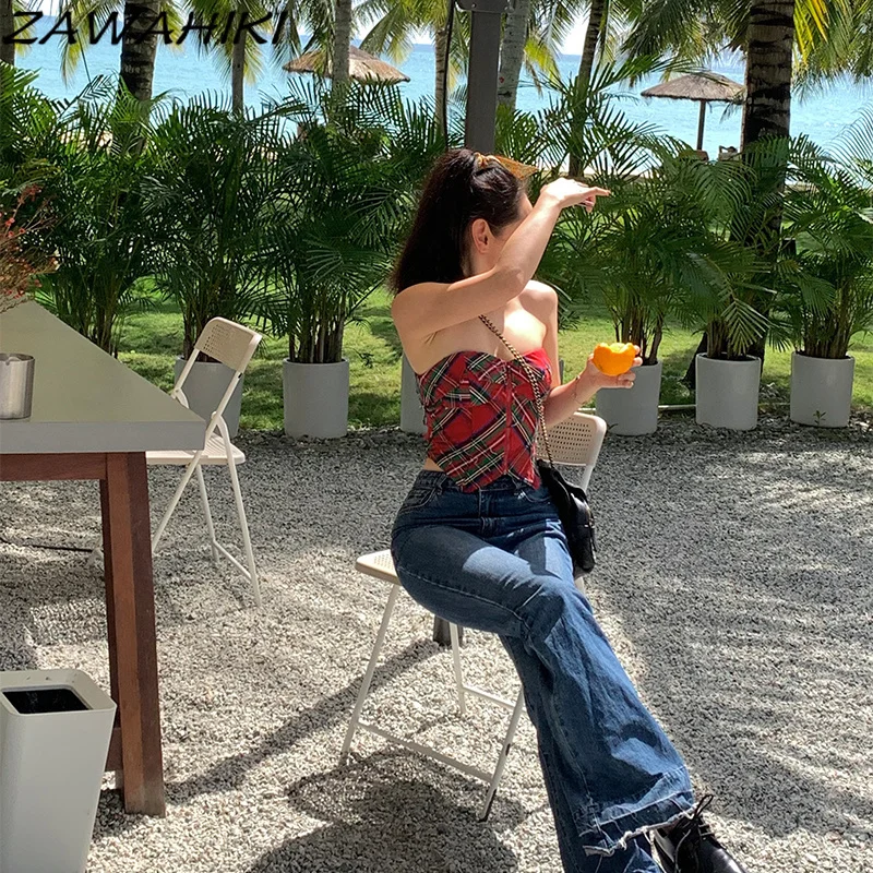 Майка женская в американском ретро стиле облегающая Труба без бретелек на молнии