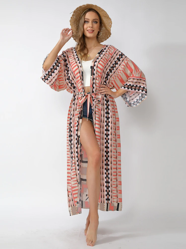 

Beach Cover Ups for Swimwear Women Geometric Printed Kimono Dresses Self Belted Cape Pareo Seaside Bathing Suits Factory Supply