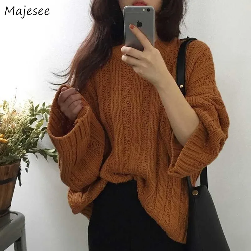 

Pullovers Womens Autumn Flare Long Sleeve Retro Hot Sale Simple O-neck Lazy Sweaters Loose Vintage Knitted Fashion Korean Soft