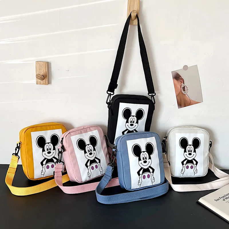 

Disney Mickey Women Shoulder Bag Girl Cartoon Cute Velcro Small Square Bag Student High Capacity Portable Storage Travel Satchel