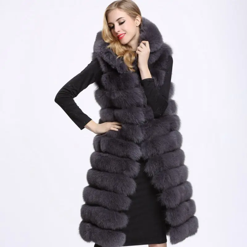 Hot Selling Faux Fox Jacket Fur Hooded Women's Extra Long Sleeveless Vest