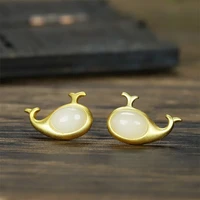 hot selling natural hand carved white jade dolphin 925 silver gufajin inlaid earrings studs fashion jewelry women luck gifts1