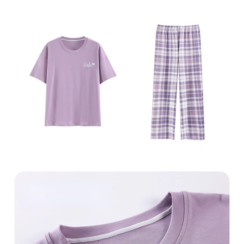 Pajamas Couple Summer Pure Cotton Thin Shortsleeved Trousers Simple and Casual Home Suit with Round Neck Comfortable Leisurewear