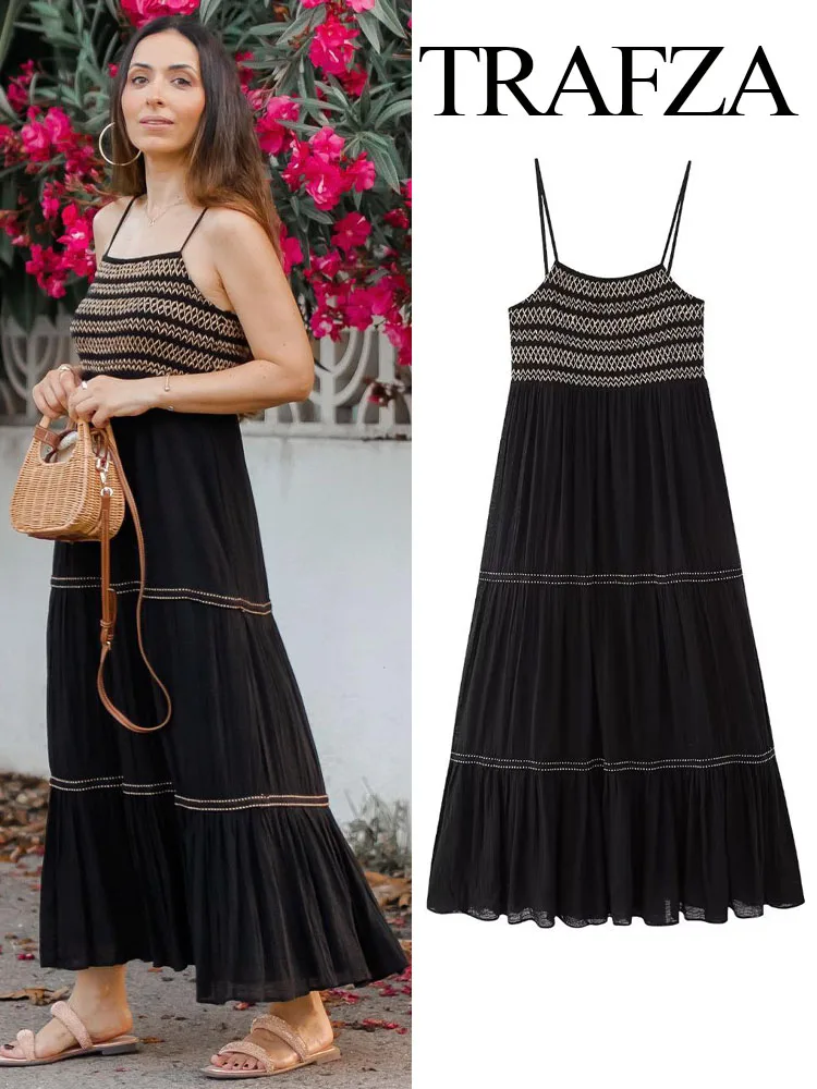 

TRAFZA Summer Female New Fashion Stripe Embroidery Dress Woman's Sexy Sleeveless Backless Wrinkle Slim Slip Mid Length Dresses