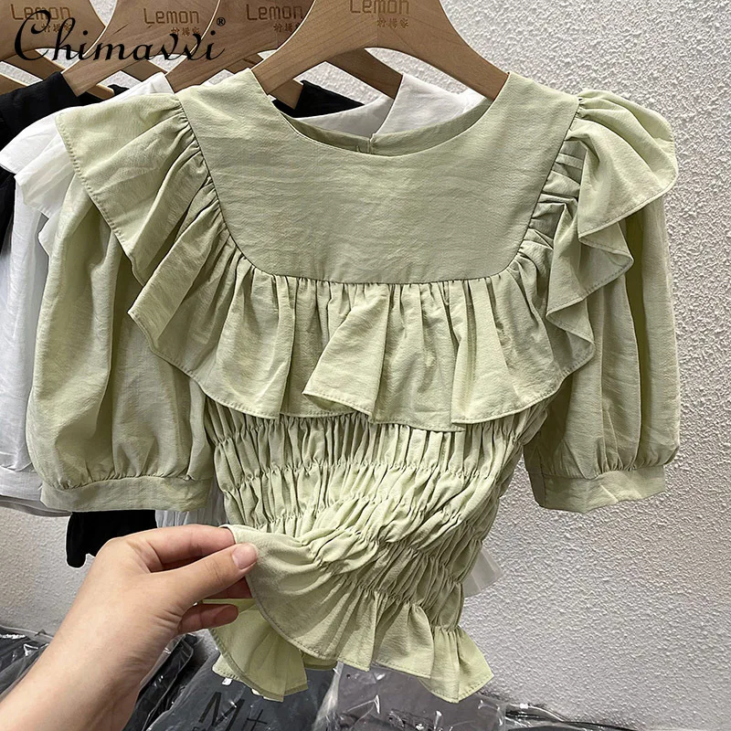 

O-Neck Ruffled Short Sleeves Shirt for Women 2022 Summer New Fashion Waist-Controlled Pleated Design Short Chiffon French Blouse