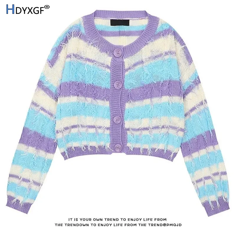 

Contrasting Color Tassel Striped Knitted Cardigans Hollow Out O-neck Long Sleeve Cropped Sweater Casual Chic Streetwear Tops New