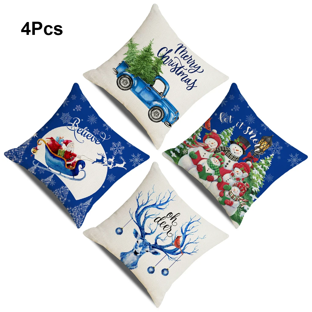 

4 шт. Рождественская наволочка из хлопка и льна, портативная моющаяся декоративная офисная кровать на молнии с рождественской тематикой