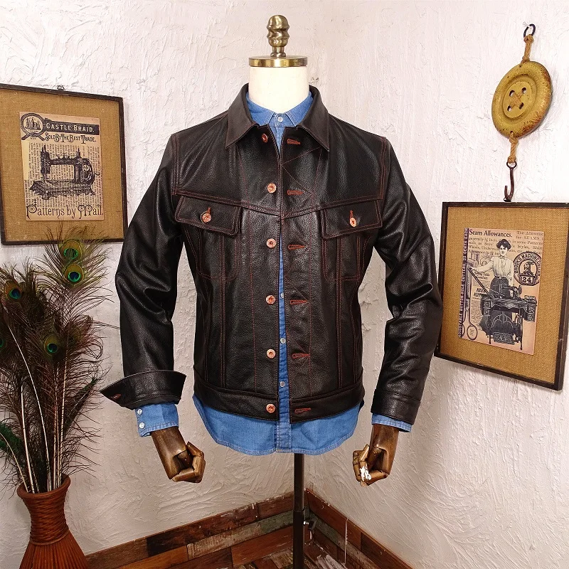 

Free shipping.Popular vintage casual style genuine leather jacket.Cheap men slim fit cowhide coat.Plus size rider leather cloth