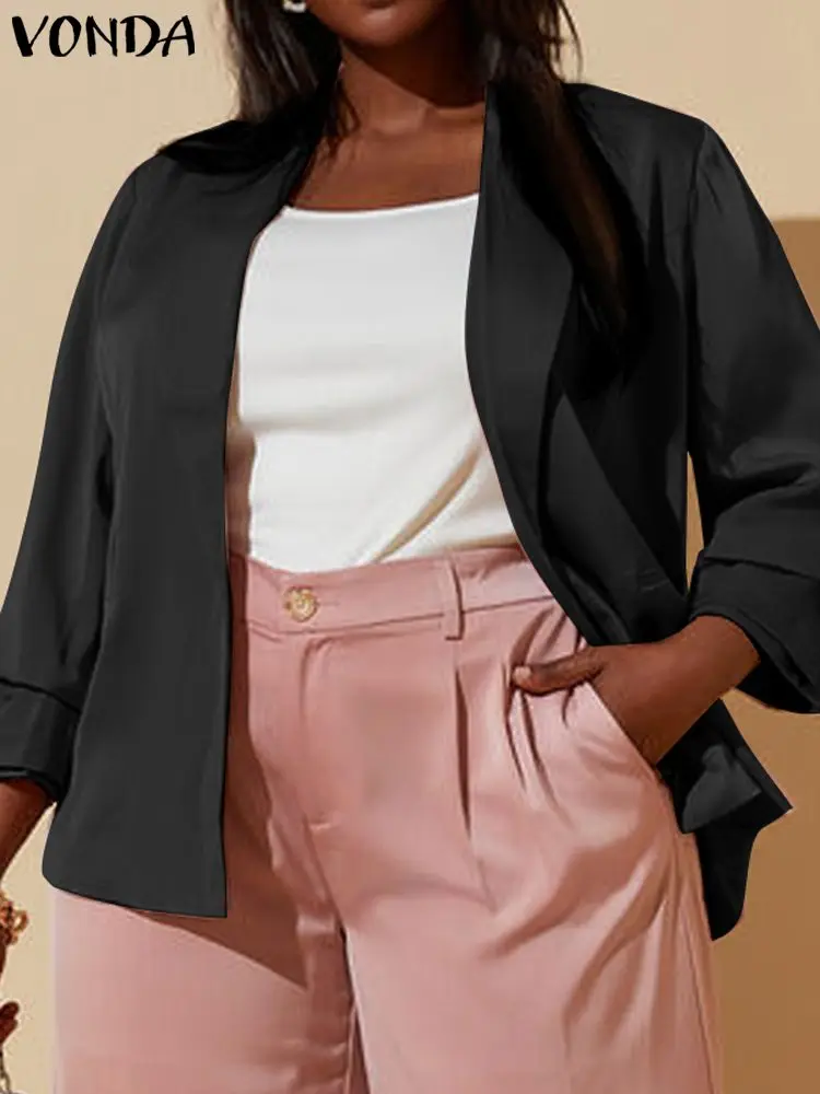 

Женский блейзер 2023 VONDA, Модные осенние однотонные пальто с длинным рукавом, верхняя одежда с отложным воротником, модный офисный Женский блейзер, мешковатый