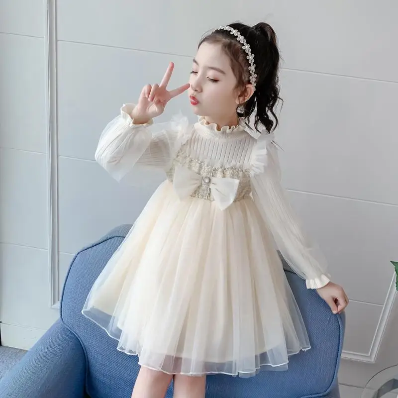 

Fall Big Girls Dress Teens Knit Princess Party Lace Bow Beige Dress for Teens Girl 4 5 7 9 11 13 Yrs Children Clothing Vestidos
