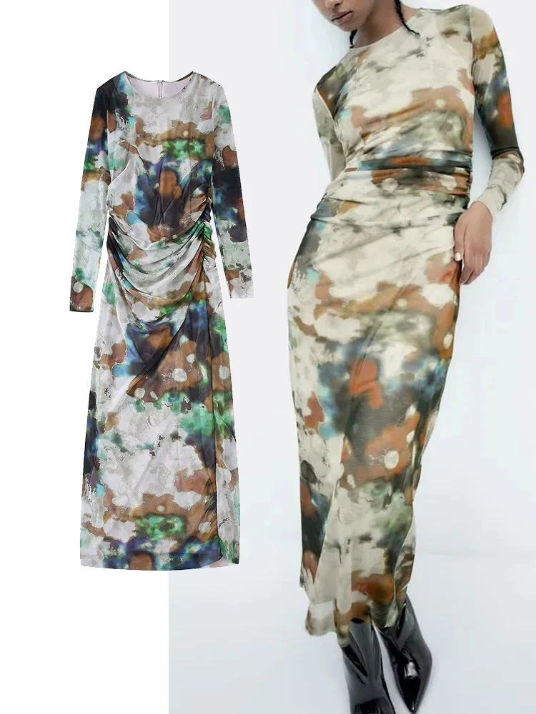 

TRAF Women Fashion Print Long Dress Women Tulle Dresses Vintage Long Sleeve Back Zipper Female Dresses Pleated Dress