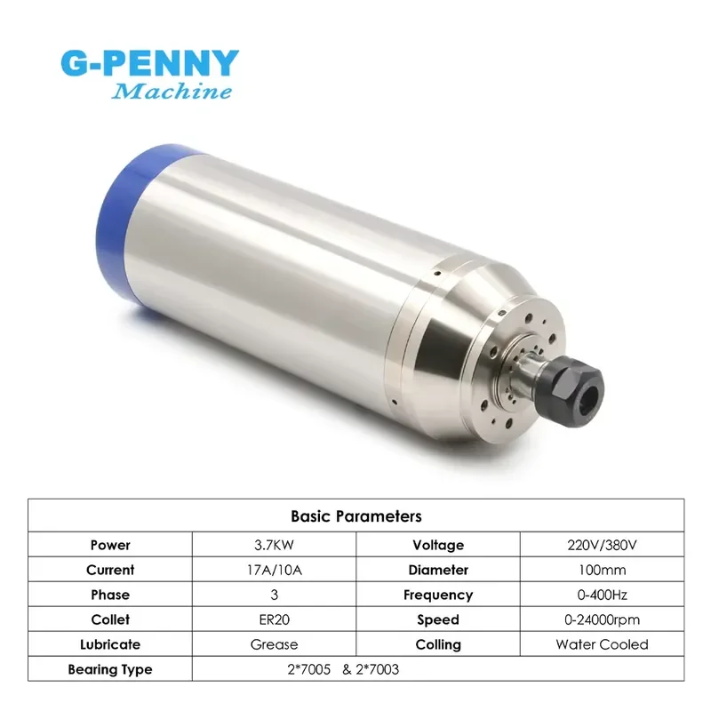 Фото Шпиндельный двигатель G-Penny 3.7 кВт ER20 D100 220В/380В с водяным охлаждением, пулевидный, с кронштейном 100 мм, 400 Гц, 24000 об/мин, 2-полюсный, 4 шт. №2