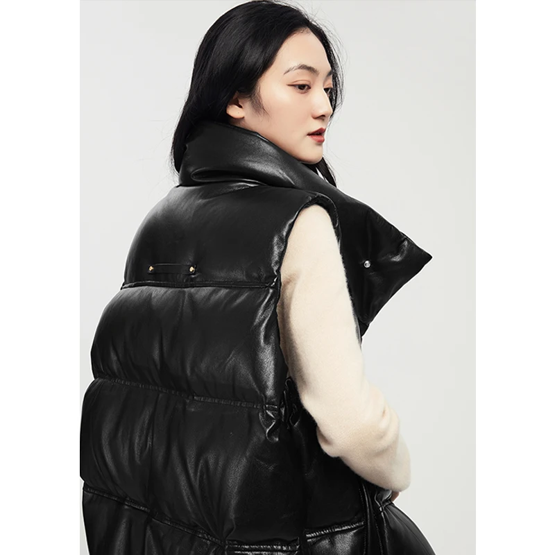 High Quality 85%  White Goose Down  Winter Jacket Vest Women  High Street  Covered Button  Wide-waisted  Pockets