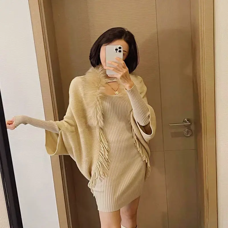 

Knitted Shawl Fur Collar Coat Autumn and Winter Large Size Loose Warm Cloak Wool Coat Winter 2023 Shawl for Women Elegance Wear