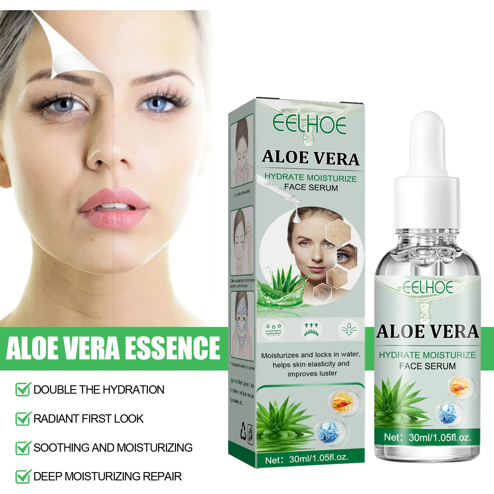 

Aloe Vera Facial Serum Hydrating Moisturizing Lifting Firming Repairing Shrink Pores Face Essence Anti Aging Oil Control 30ml