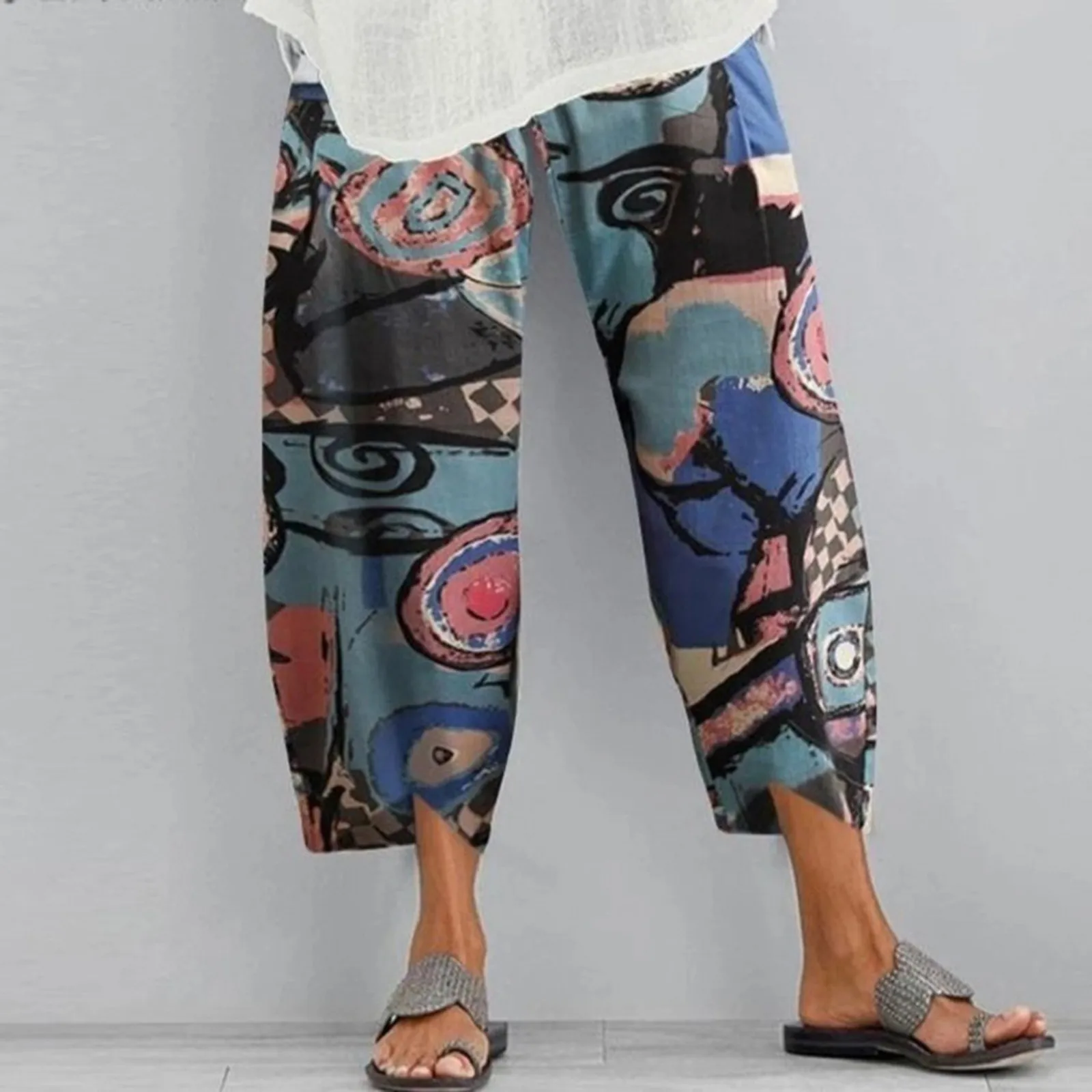 

Women Casual Loose Wide Leg Pants Cotton Linen Print Comfort Pants Summer Fashion Vintage Elastic Waist Harem Boho Beach Pants