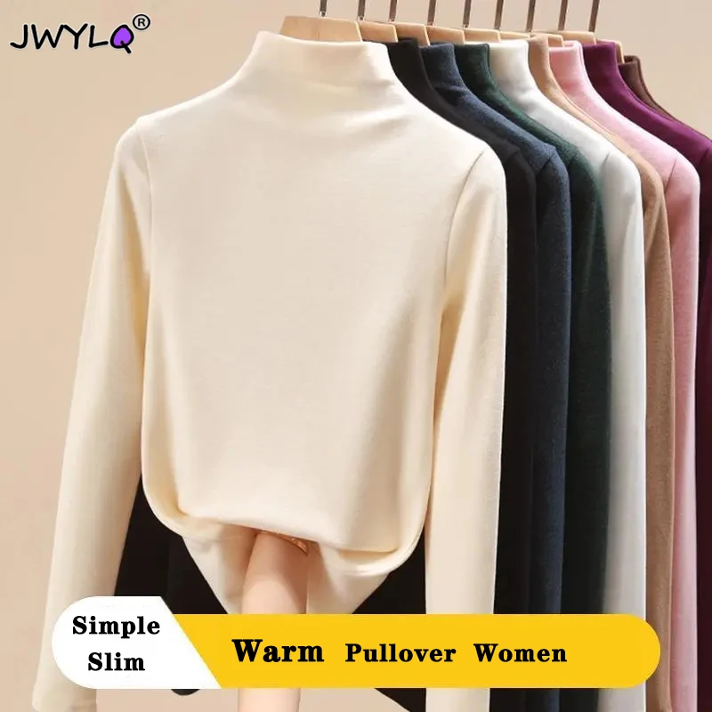 

Solid Color Half High Collar Long Sleeve Women Sweetshirts Autumn Winter Inner Plus Velvet Warm Women Clothing Simple Loose Top