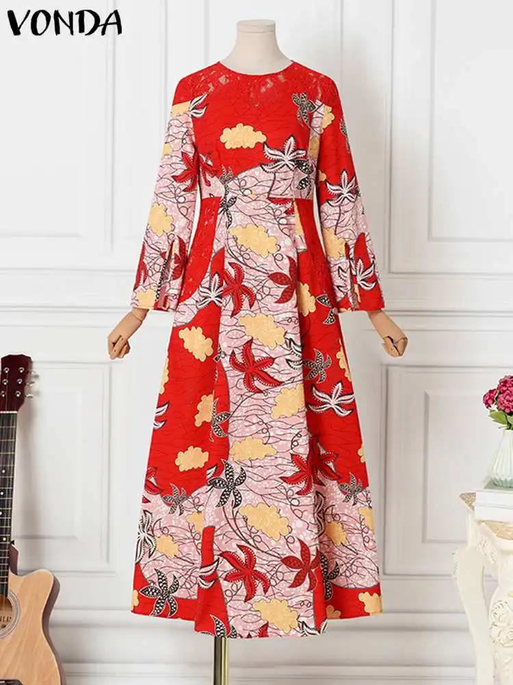 VONDA Plus Size Women 2023 Summer Floral Printed Maxi Dress Summer Lace Patchwork Long Sundress Long Sleeve Pleated Party Robe