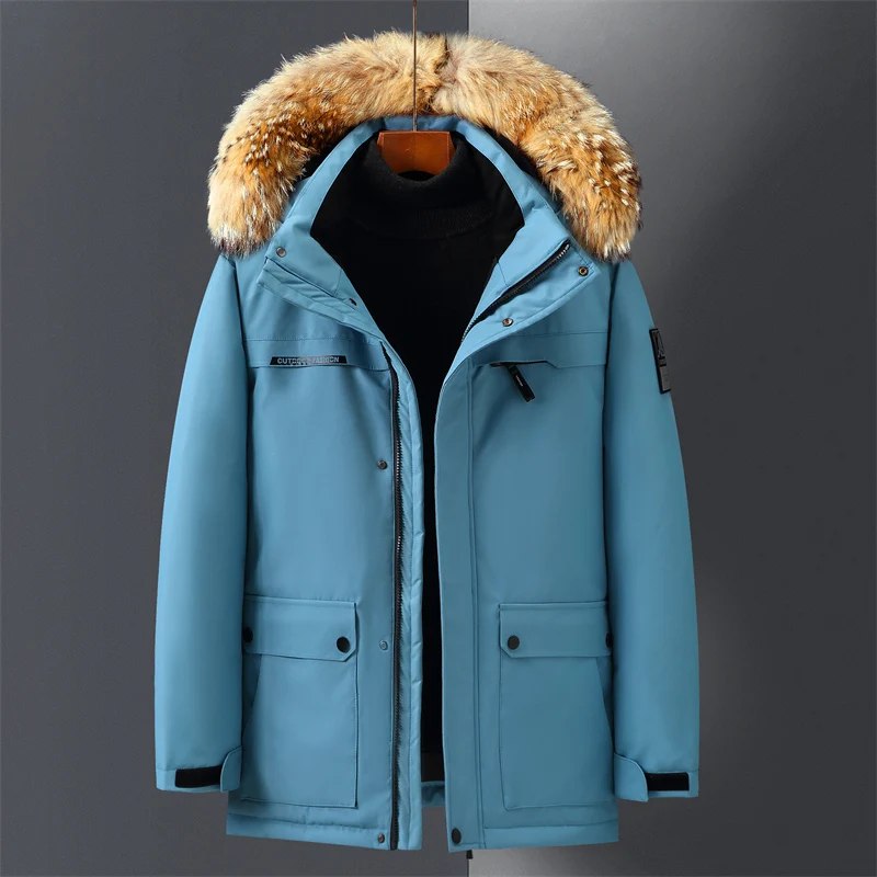 Real Fur Collar Winter Down Jacket Men Hooded Warm 90% White Duck Down Coat Men Parkas Hight Quality Multiple Pockets Overcoat