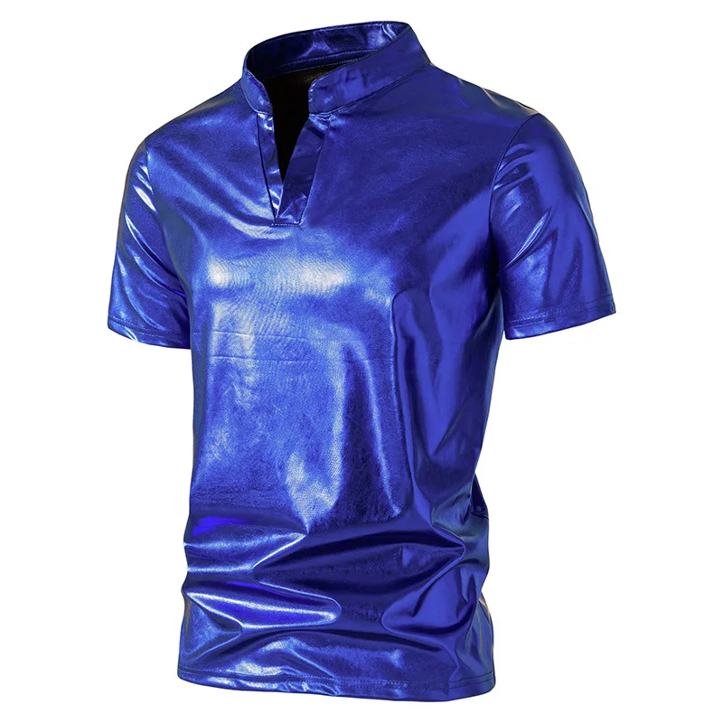 Classic V Neck T Shirt Men Shiny Royal Blue Coated Metallic Nightclub Stage Tshirt Men Hip Hop Streetwear Camiseta Masculina XXL