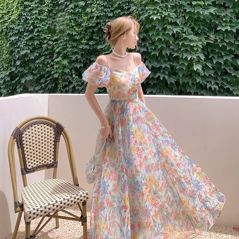 

Women's One-shoulder Puff Sleeves Floral Suspender Dress Spring and Summer 2023 New Temperament Commuter Casual Long Skirt
