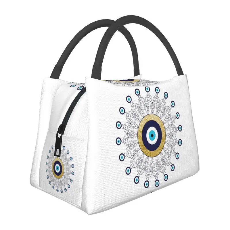 

Evil Eye Mandala In Gold And Blue Thermal Insulated Lunch Bags Women Bohemian Amulet Portable Lunch Container Meal Food Box