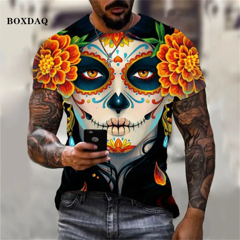 

Horror Skull Mask Print T-Shirts Oversized Short Sleeve Summer Men Tshirt 2XS-6XL Male Fashion Cool Street Hip Hop Tops 2022 New