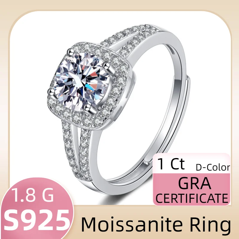 

Sterling 925 Silver Luxury Moissanite Diamond Ring Double Square Adjustable Size for Women 1 Ct Free Shipping GRA Certification